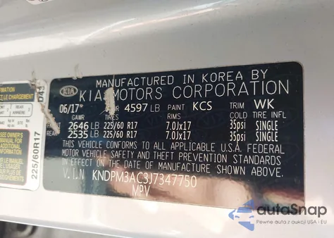 2018 Kia Sportage Lx z USA, uszkodzony, nr VIN KNDPM3AC3J7347750